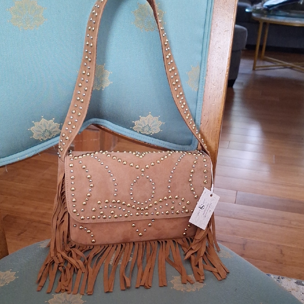 Sassy Jones Tan Studded Fringe Shoulder Bag